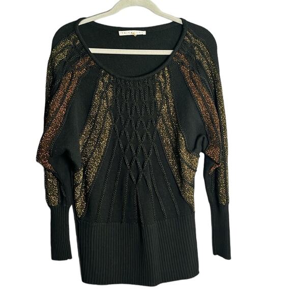 Trina Turk Black Sweater With Gold and Rose Gold Metallic Dolman Sleeves Sz S - Picture 1 of 9
